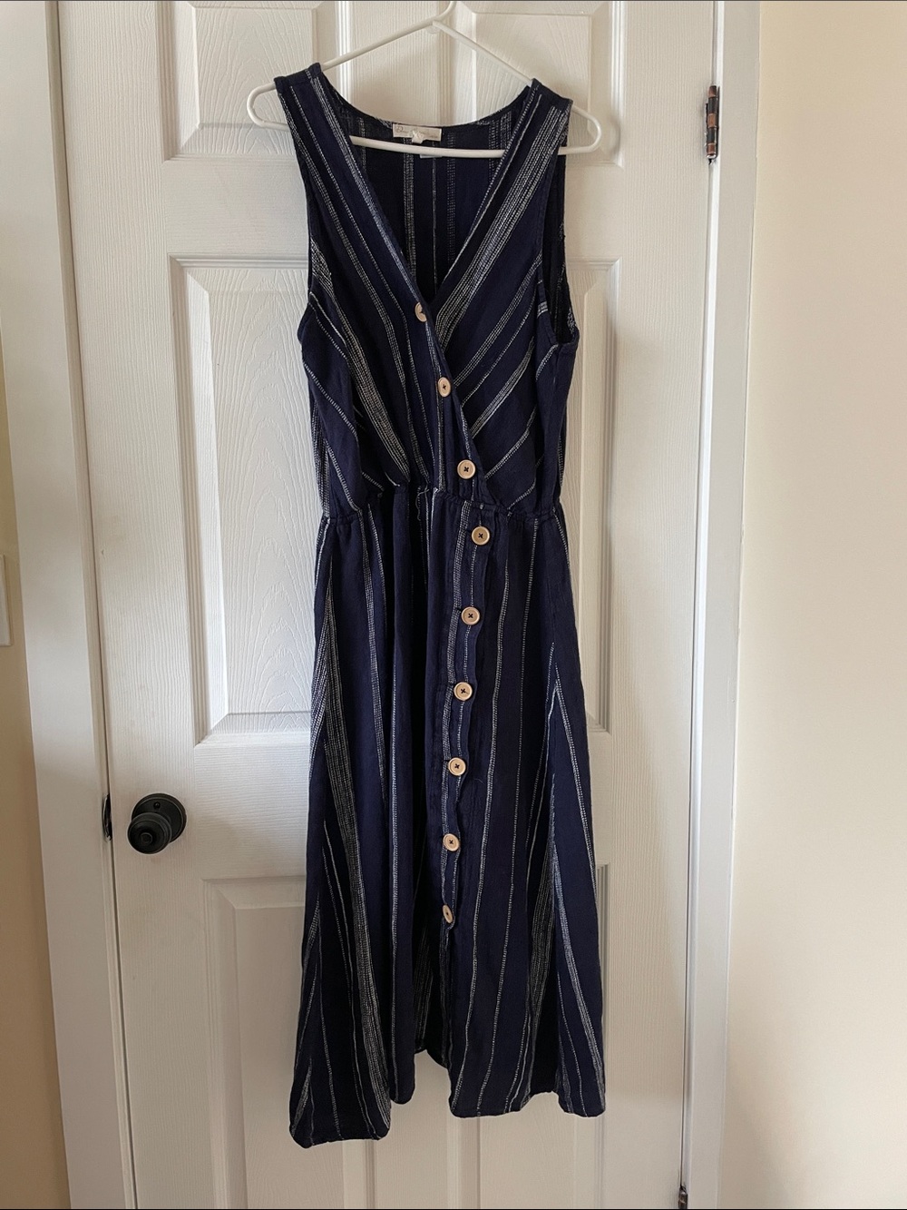Navy and white coastal beach boho sundress striped nautical linen blend